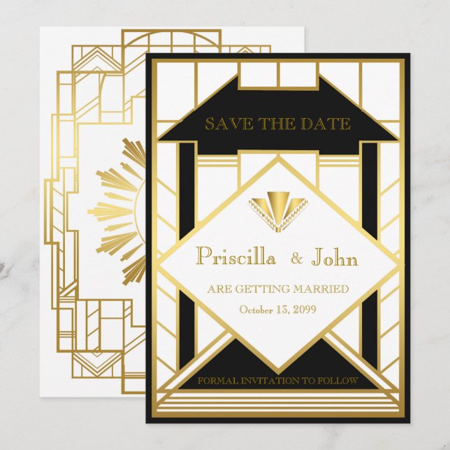 Convites Casamento Salve a Data,Great Gatsby,Medalhão doura (Frente/Verso)
