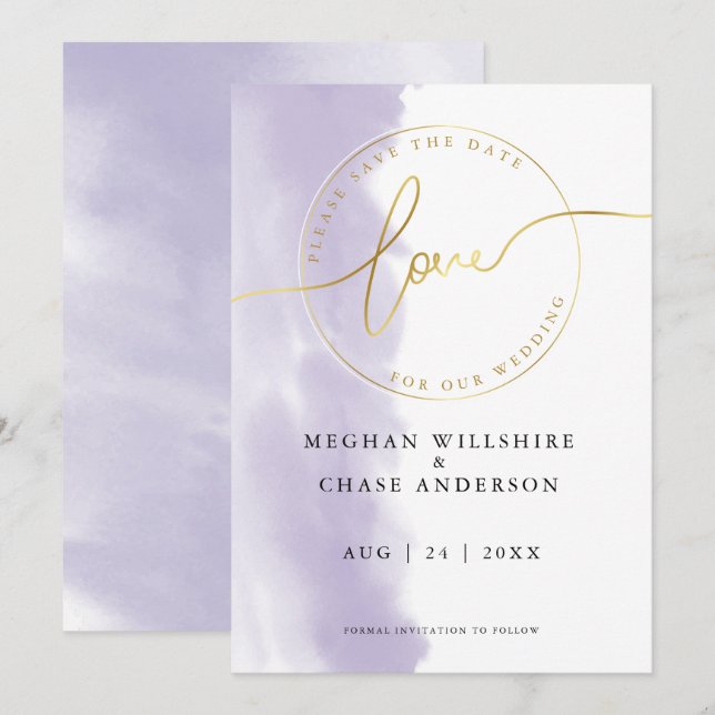 Convites CASAMENTO | Salve a Data Lilac Violeta Aquarela (Frente/Verso)
