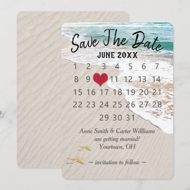 Convites Casamento Salve o Calendário de Datas no Mar do Oc (Frente/Verso)