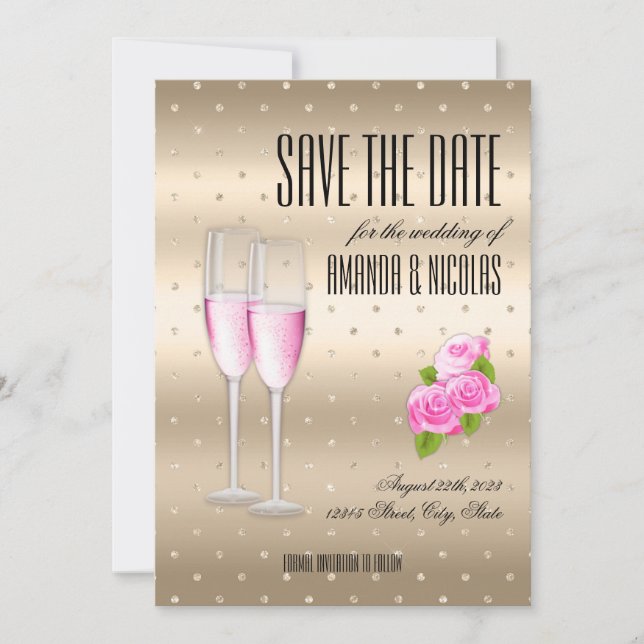 Convites Casamento Save The Date champanhe rosa dourado ele (Frente)