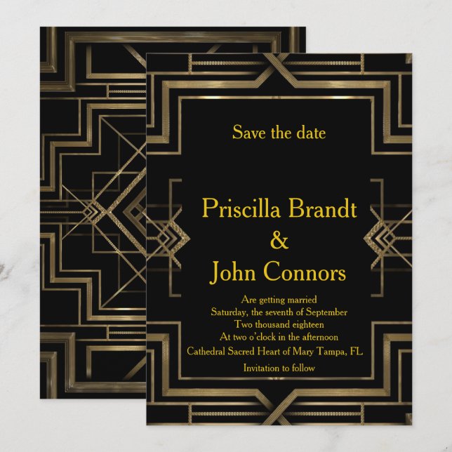 Convites Casamento Save the Date, preto e dourado, grande-G (Frente/Verso)