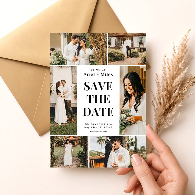Convites Casamento Save the Dates Colagem de Fotos Rústica  (Wedding Save the Date Template, Photo Collage Save the Date Card, Editable Wedding Announcemen)
