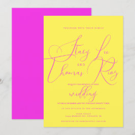 Convites Casamento Script Amarelo Rosa Brilhante Moderno Ou
