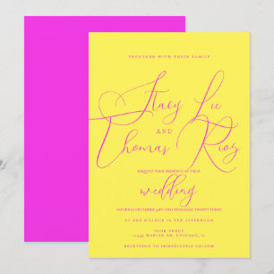 Convites Casamento Script Amarelo Rosa Brilhante Moderno Ou