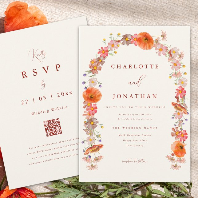 Convites Casamento Selvagem Boho de Outono (Boho wildflower arch fall wedding invitation orange qr code)