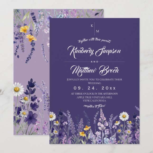 Convites Casamento Selvagem Moderno e Elegante Roxo Rústico (Frente/Verso)