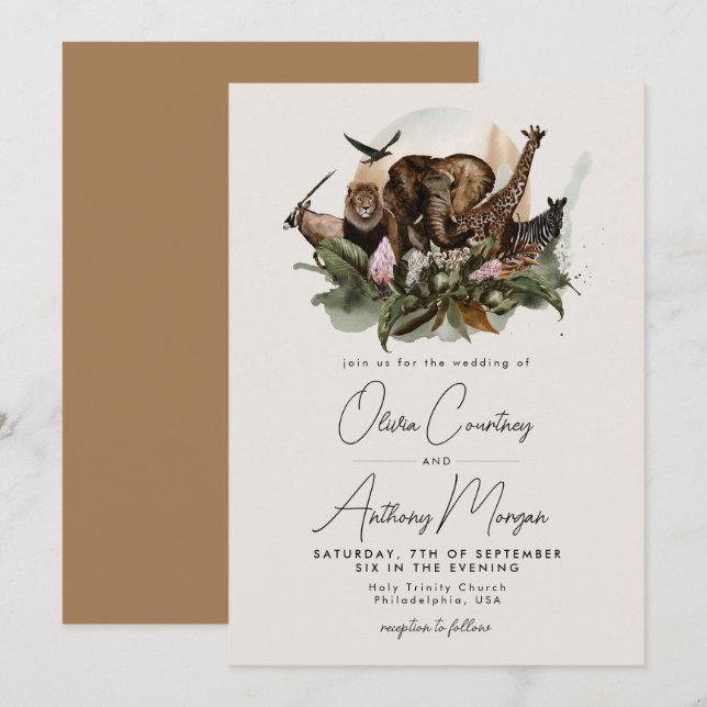 Convites Casamento Selvagem Safari Tropical Watercolor (Frente/Verso)