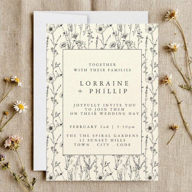 Convites Casamento sem costura de flores selvagens delicios (Delicate wild flowers seamless pattern wedding invitation.)