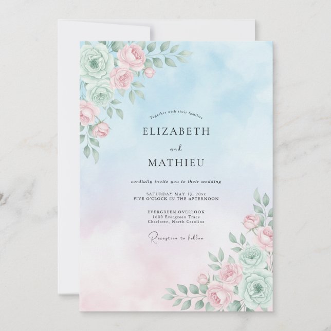 Convites Casamento Seráfico de Bebê Azul na Primavera (Frente)