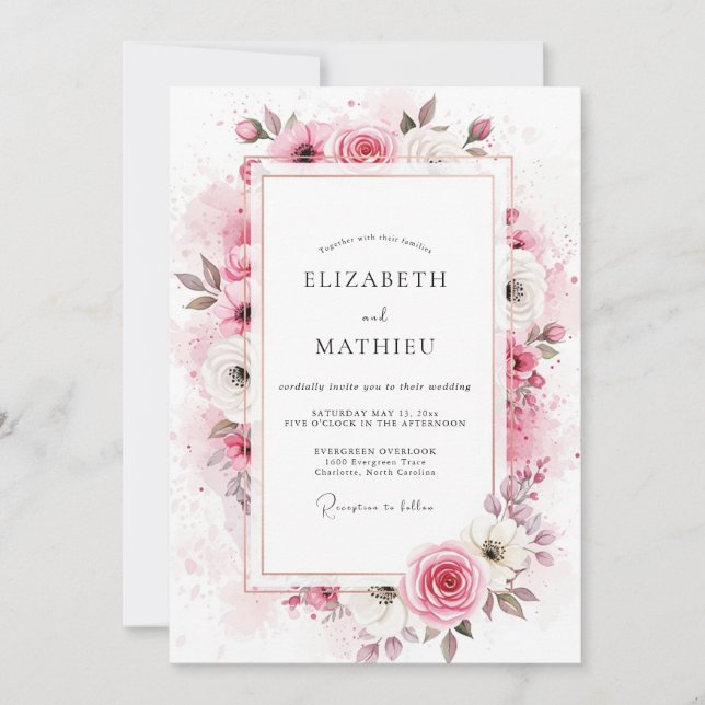 Convites Casamento Seráfico de Primavera Rosa Corado (Frente)