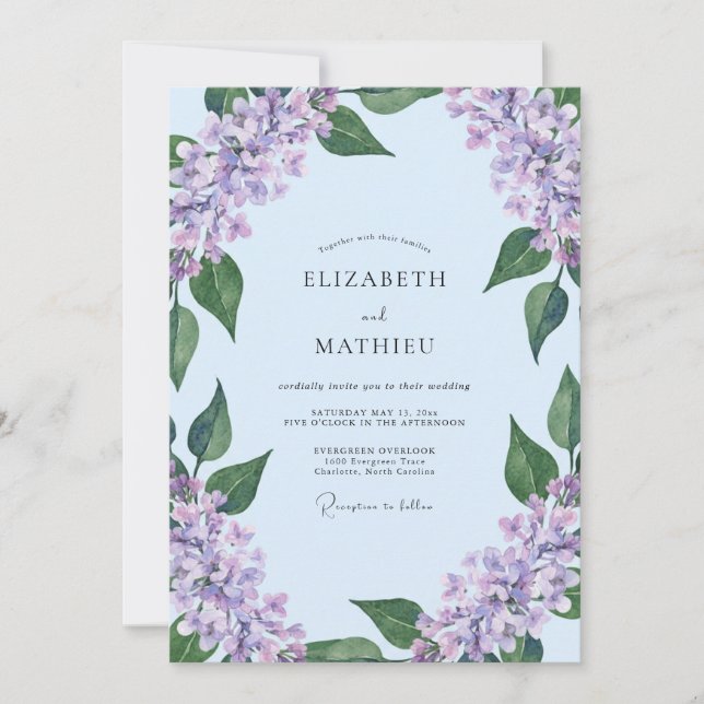 Convites Casamento Seráfico Lilás Azul Pálido (Frente)