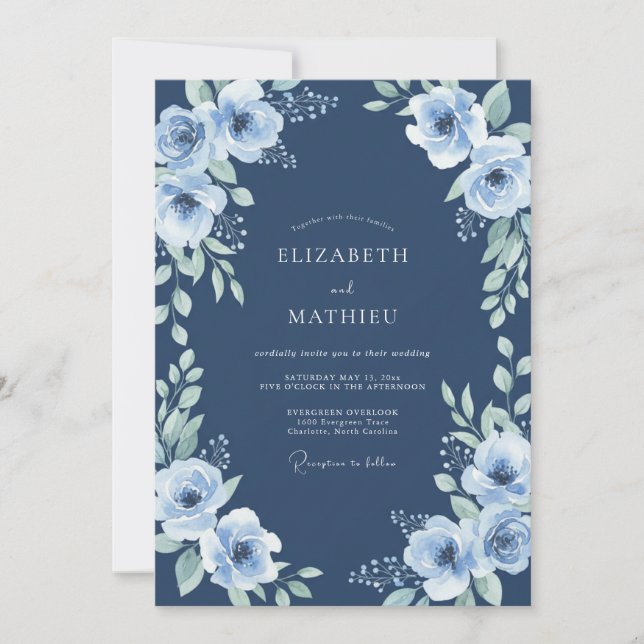 Convites Casamento Serenidade Floral Azul Marinho (Frente)