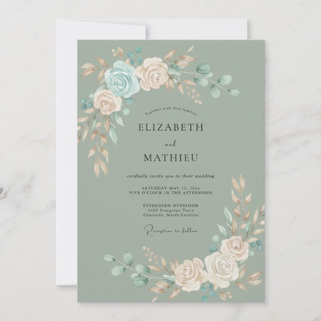 Convites Casamento Sereno Botânico em Sage Teal (Frente)