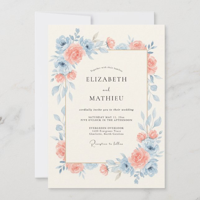 Convites Casamento Sereno de Primavera Azul Céu e Pêssego (Frente)