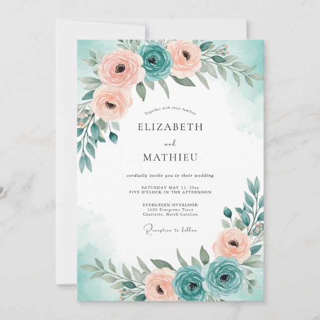 Convites Casamento Sereno de Primavera Azul Teal (Frente)