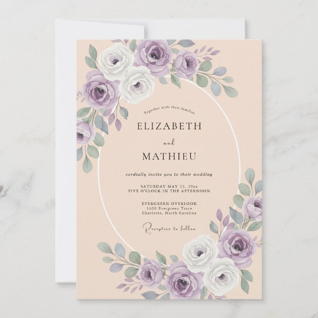 Convites Casamento Sereno de Primavera Lavanda e Pêssego (Frente)