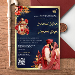 Convites Casamento Sikh Anand Karaj Código QR Naval Floral 