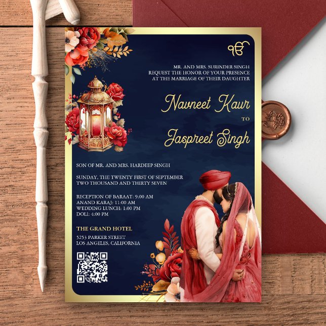 Convites Casamento Sikh Anand Karaj Código QR Naval Floral  (Criador carregado)