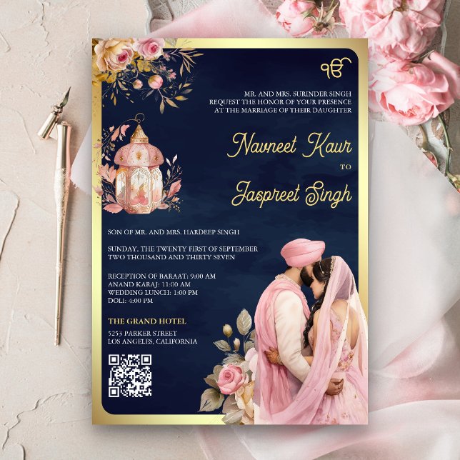 Convites Casamento Sikh Anand Karaj Código QR Naval Floral  (Criador carregado)