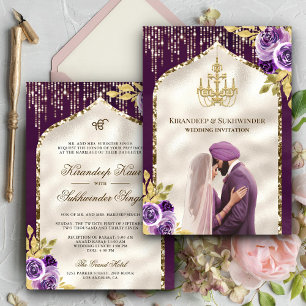 Convites Casamento Sikh Anand Karaj Floral em Ouro Roxo