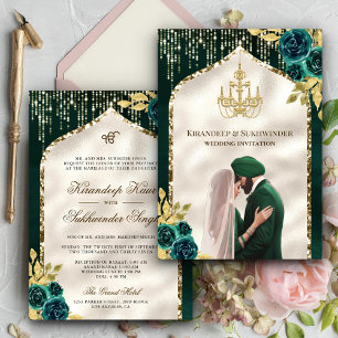 Convites Casamento Sikh Anand Karaj Floral Verde Esmeralda