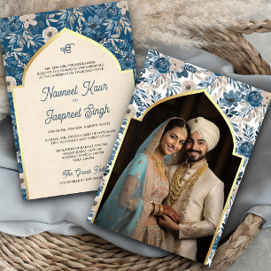 Convites Casamento Sikh Anand Karaj Foto Floral Marfim Azul