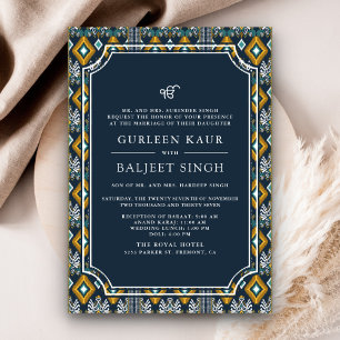 Convites Casamento Sikh Anand Karaj Ikat Azul Escuro Amarel