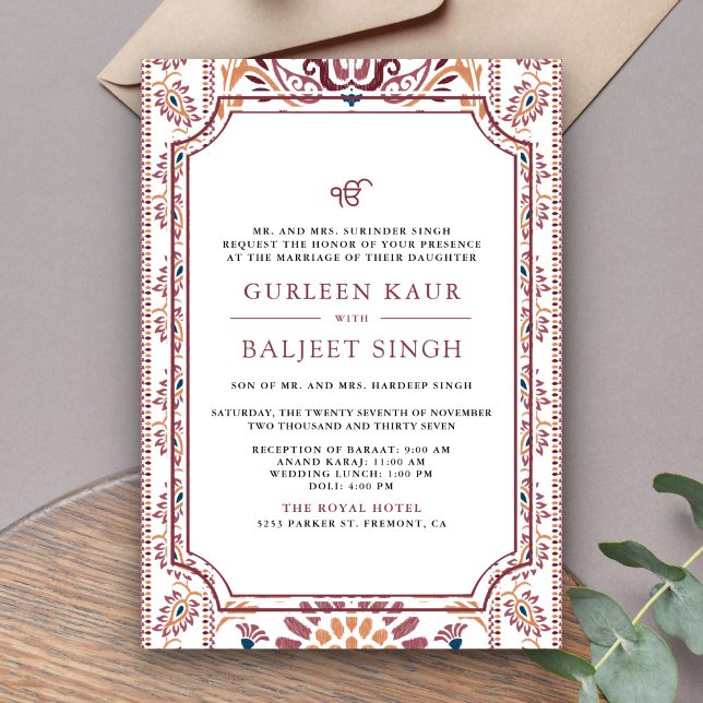 Convites Casamento Sikh Anand Karaj Ikat Branco Rosa (Criador carregado)