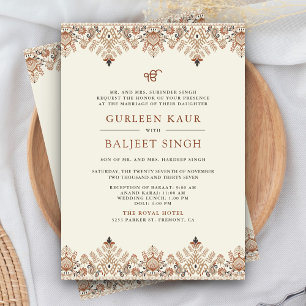 Convites Casamento Sikh Anand Karaj Ikat Creme Marrom