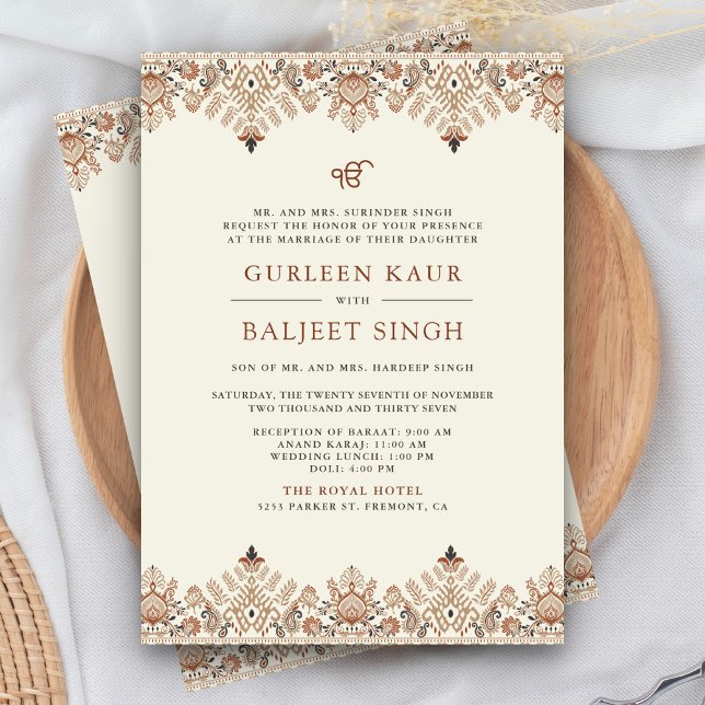 Convites Casamento Sikh Anand Karaj Ikat Creme Marrom (Criador carregado)