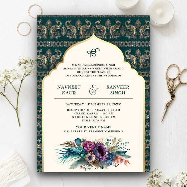 Convites Casamento Sikh Anand Karaj Pavão Azul-marinho Marf (Criador carregado)