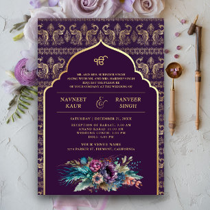 Convites Casamento Sikh Anand Karaj Pavão Dourado Roxo
