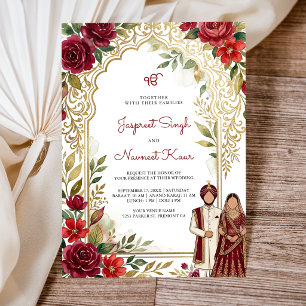 Convites Casamento Sikh Arco Dourado Floral Vermelho Borgon