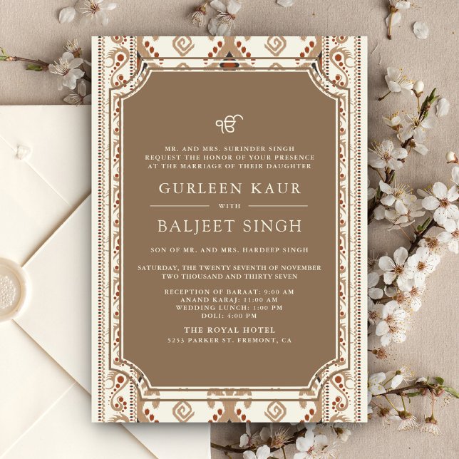 Convites Casamento Sikh Beige Creme Ikat Anand Karaj (Criador carregado)
