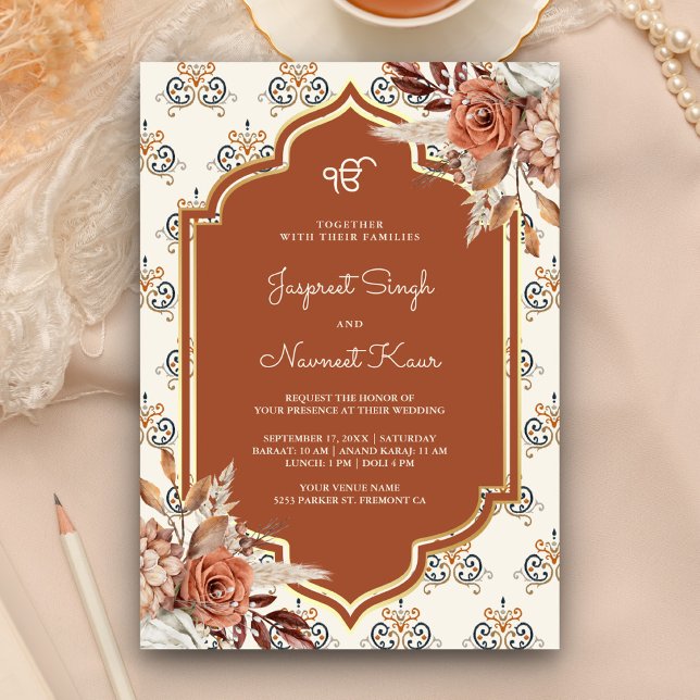 Convites Casamento Sikh Boho Rust Laranja Punjabi Anand Kar (Criador carregado)