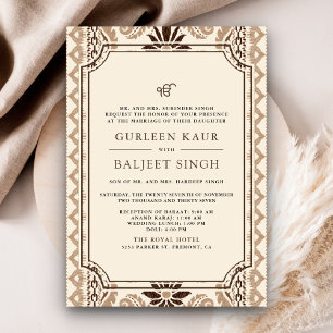 Convites Casamento Sikh Brown Cream Beige Ikat Anand Karaj