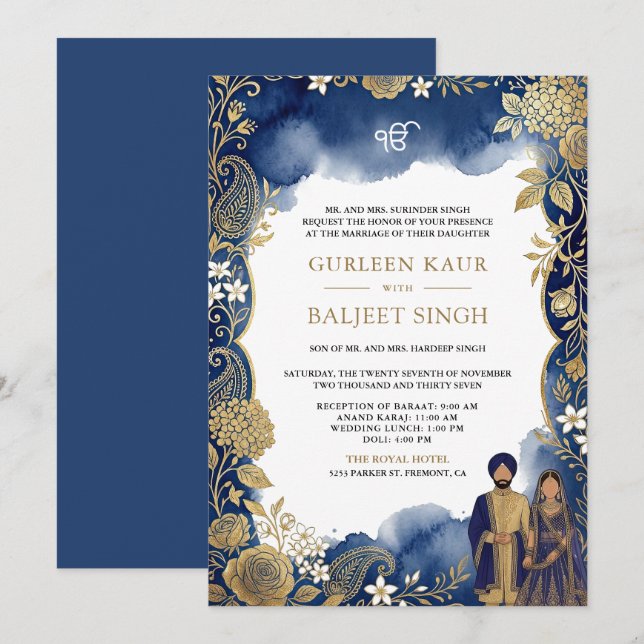 Convites Casamento Sikh de Paisley Dourado e Azul Real com  (Frente/Verso)