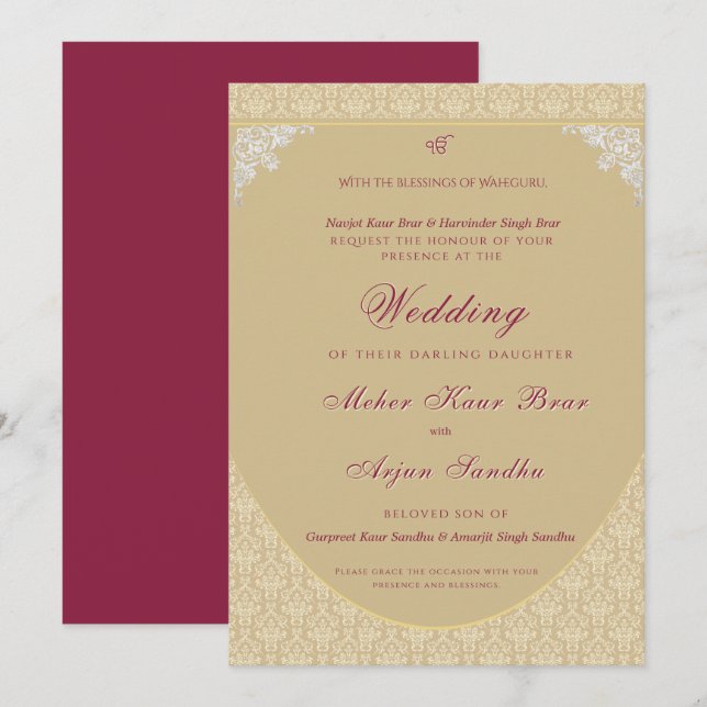 Convites Casamento Sikh Elegante | Casamento Punjabi (Frente/Verso)