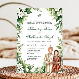 Convites Casamento Sikh Flor de Jasmim Branco Folhagem Verd