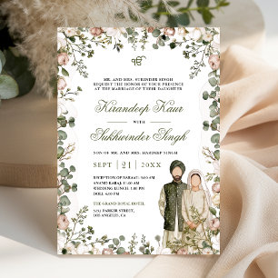 Convites Casamento Sikh Floral Verde Oliva e Rosa Empoeirad