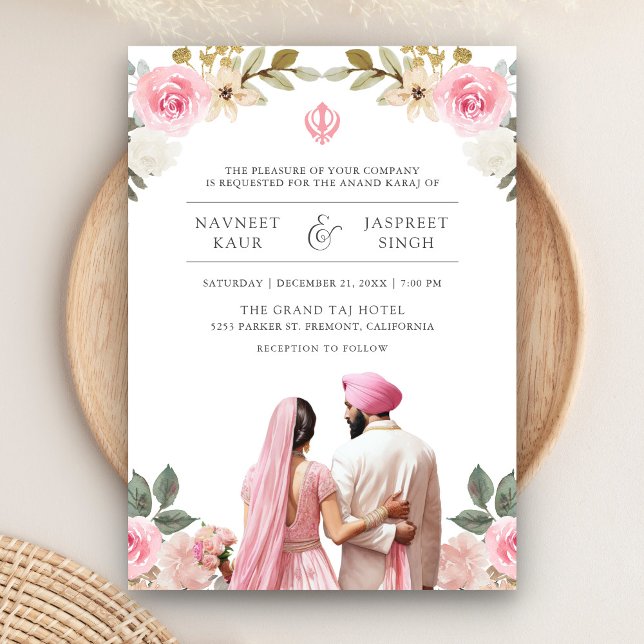 Convites Casamento Sikh Indígena de Anand Karaj Rosa Floral (Criador carregado)