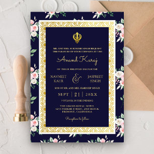 Convites Casamento Sikh Punjabi Anand Karaj Azul Meia-Noite