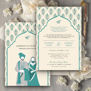 Convites Casamento Sikh Punjabi Anand Karaj Azul Teal Creme