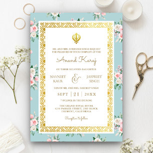 Convites Casamento Sikh Punjabi Anand Karaj Floral Rosa Azu