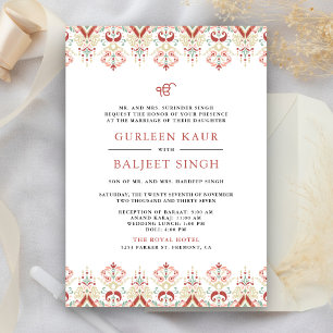 Convites Casamento Sikh Red White Ikat Anand Karaj