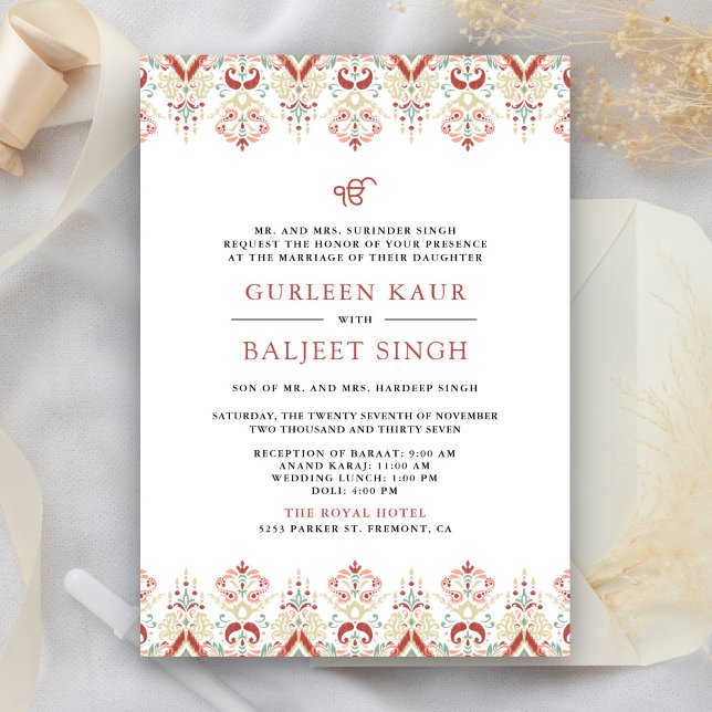 Convites Casamento Sikh Red White Ikat Anand Karaj (Criador carregado)