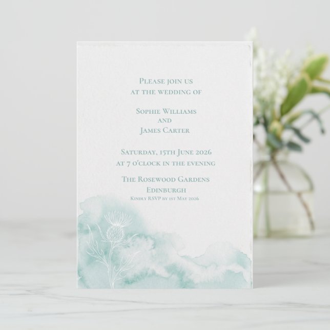 Convites Casamento Silhueta de Cardo Escocês Verde Menta (Em pé/Frente)