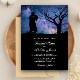 Convites Casamento Silhueta de Casal Romântico Galáxia Azul