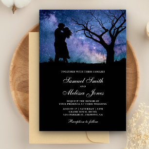 Convites Casamento Silhueta de Casal Romântico Galáxia Azul