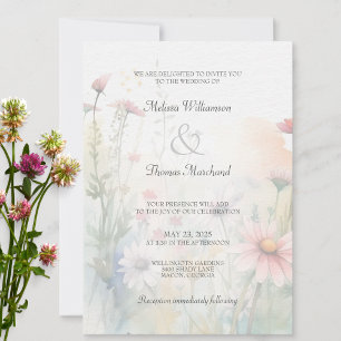 Convites Casamento Silhueta de Flor Silvestre Aquarela de P